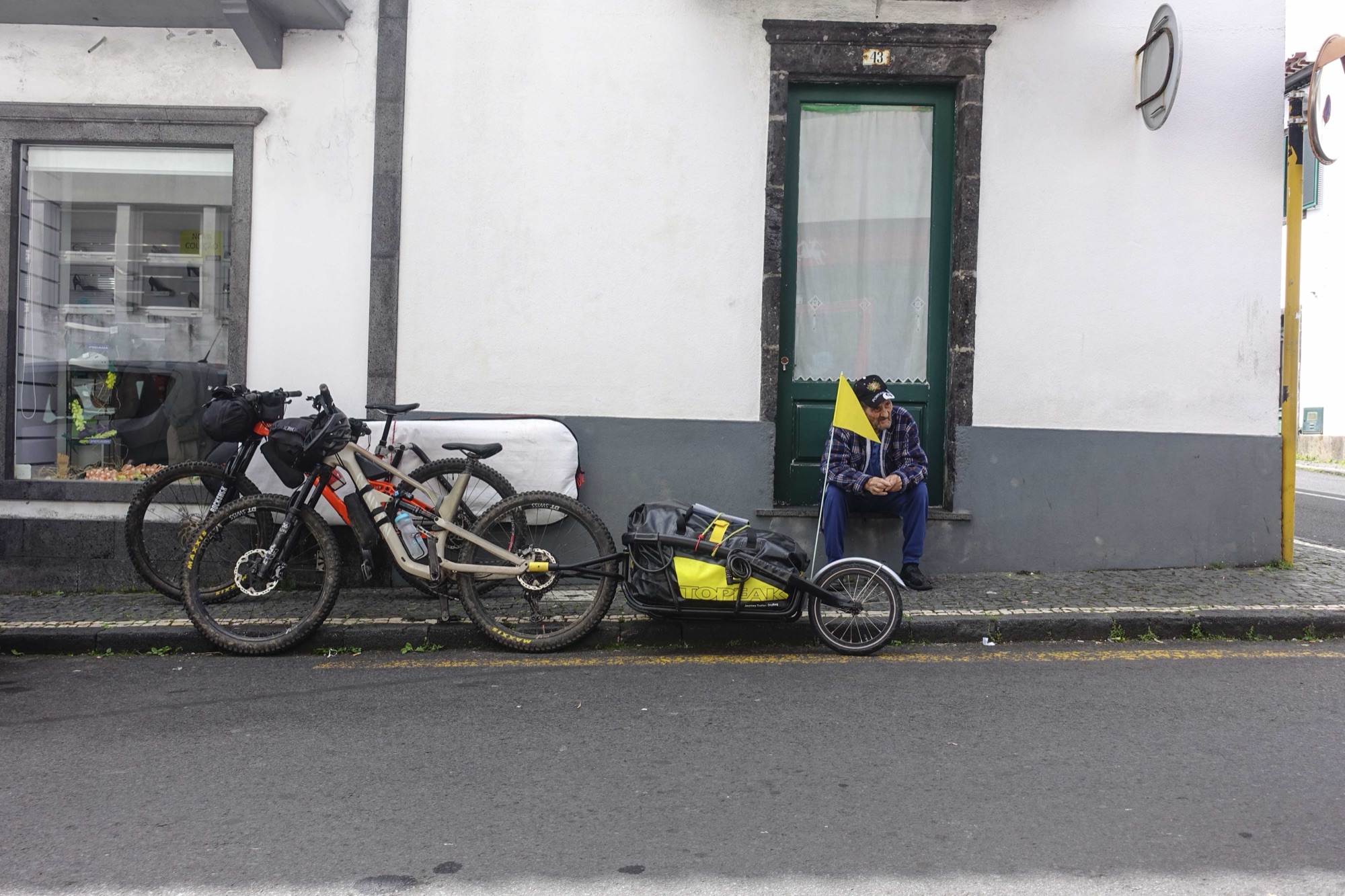 The loaded bikes and trailer at the start of the trip